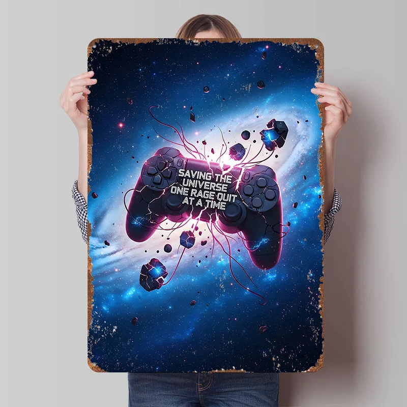 Retro Gaming Space - Poster in Metallo con Controller da